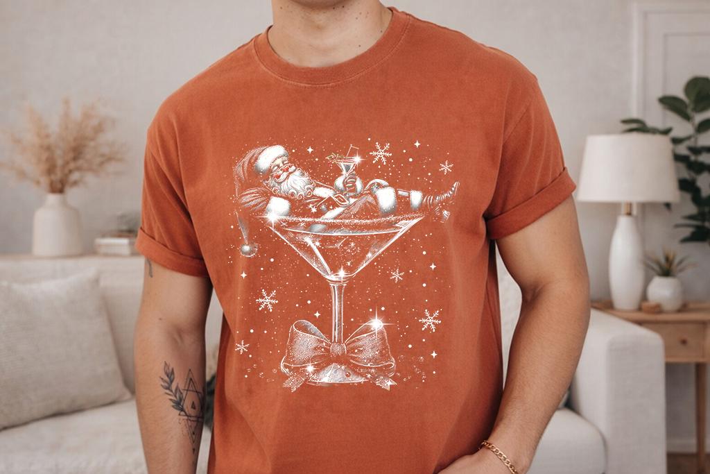 Comfort Colors® Santa Martini Christmas Shirt, Tipsy Santa Holiday Tee, Funny Cocktail Christmas Gift, Festive Winter Graphic