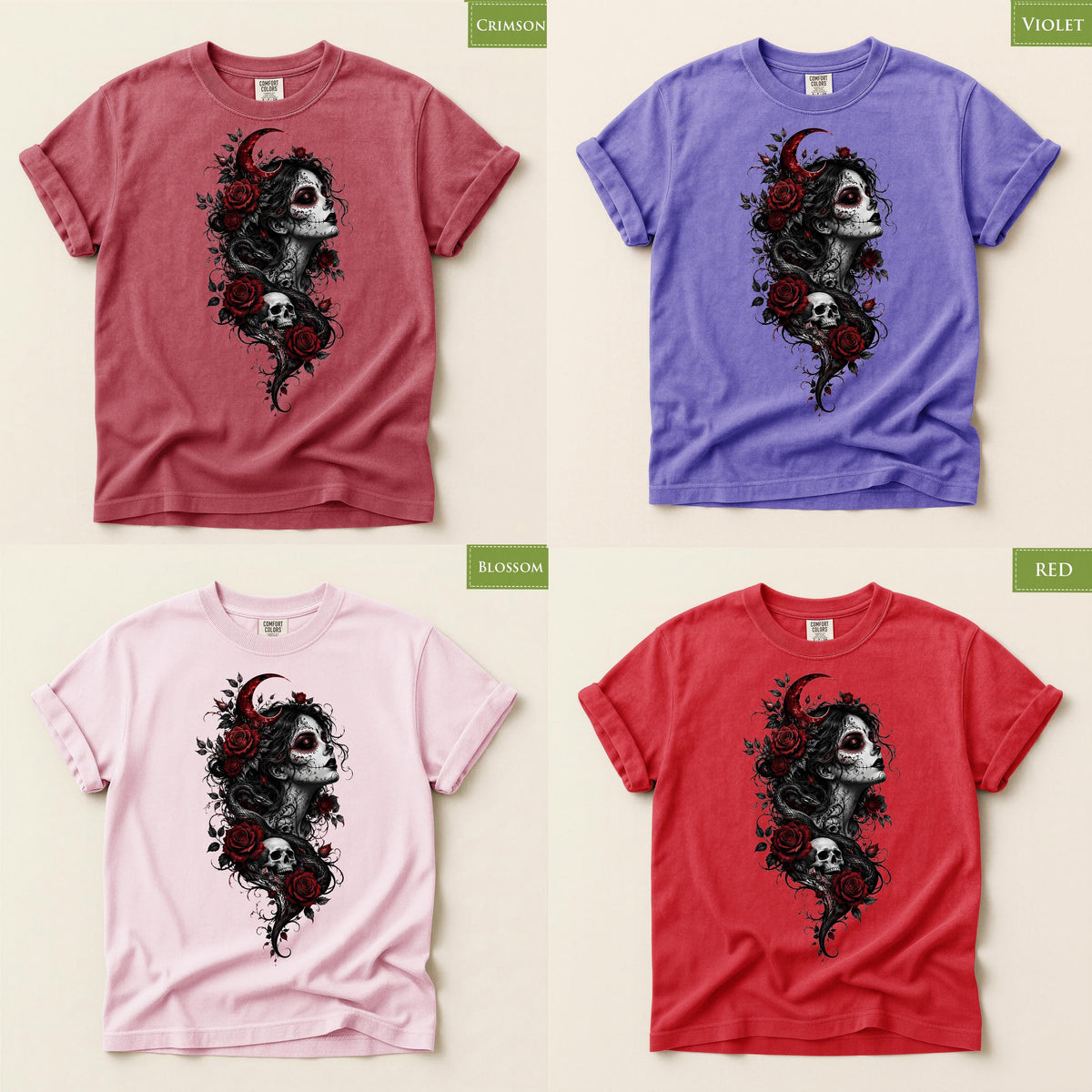 Comfort Colors® Gothic Skull Rose Snake Graphic Tee, Halloween Dark Magic Shirt, Día de los Muertos