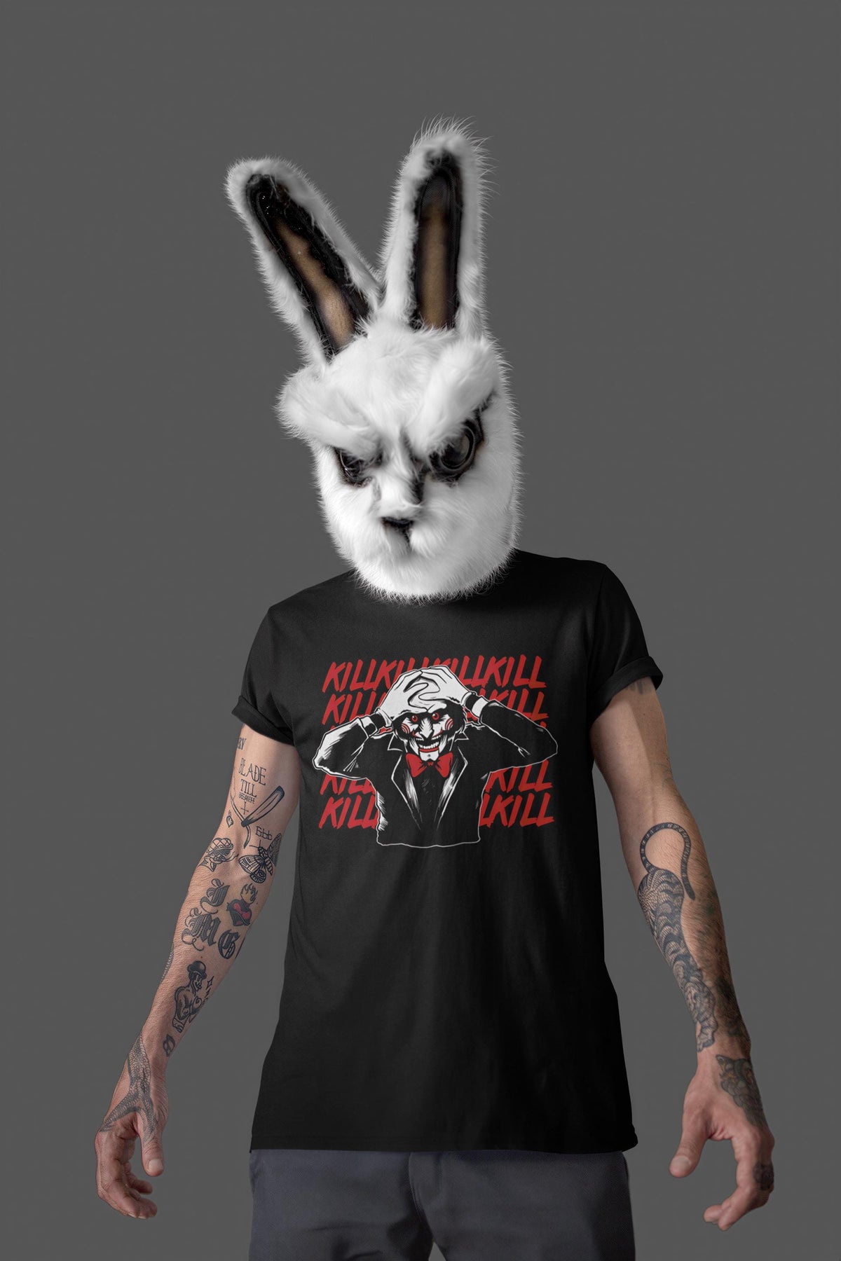 Killer Puppet Portrait Shirt, Horror Puppet Pop Art T-Shirt, Creepy Doll Face Hoodie, Repeated Text Horror Sweatshirt, Halloween Tee Gift