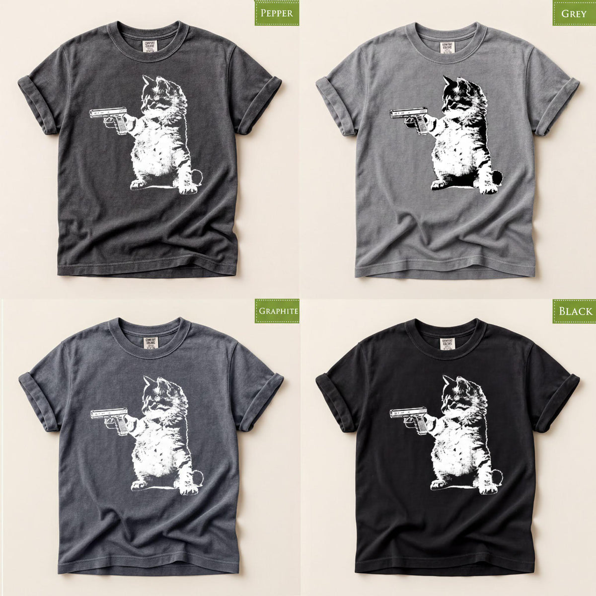 Comfort Colors® Cat Holding Gun Shirt, Funny Kitty Tee for Feline Lovers