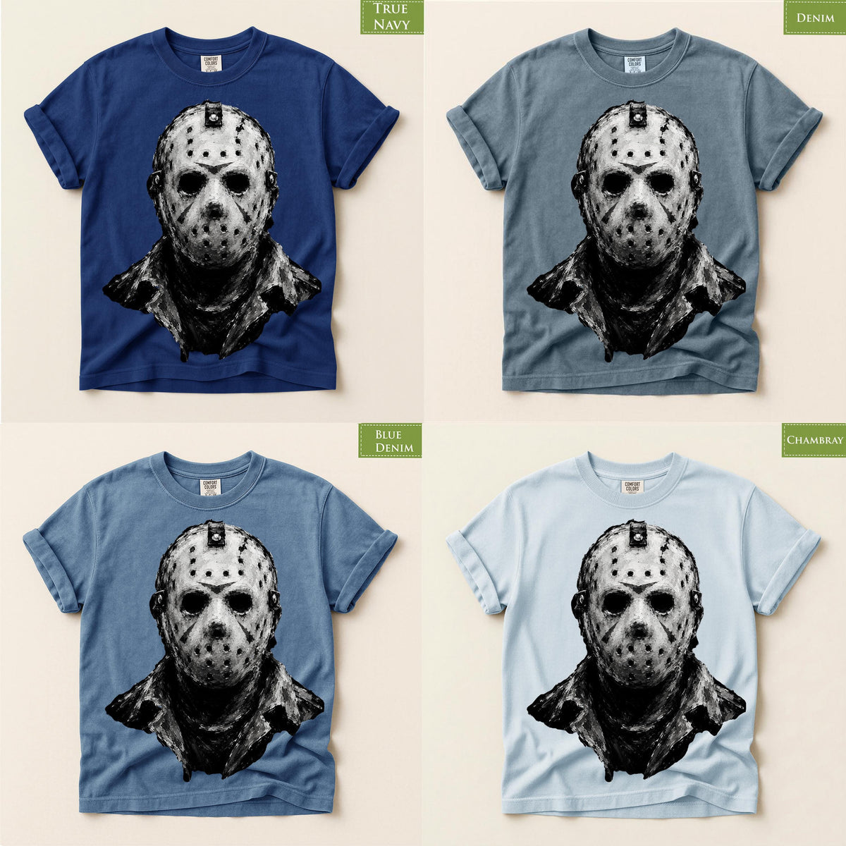 Comfort Colors® Hockey Mask Slasher Horror Graphic Tee, Scary Halloween Killer Costume T-Shirt Gift
