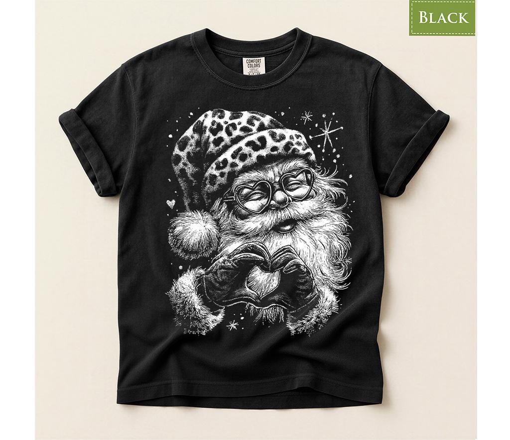 Comfort Colors® Leopard Santa Christmas Shirt, Funny Holiday Tee, Heart Glasses Santa, Cute Christmas Gift