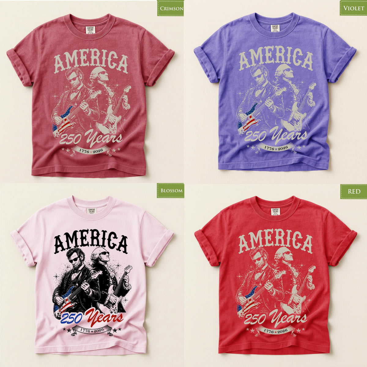 Comfort Colors® George Washington Abraham Lincoln Playing Guitar Shirt, 4th of July 250th Anniversary Tee, America 250 Celebration Tshirt