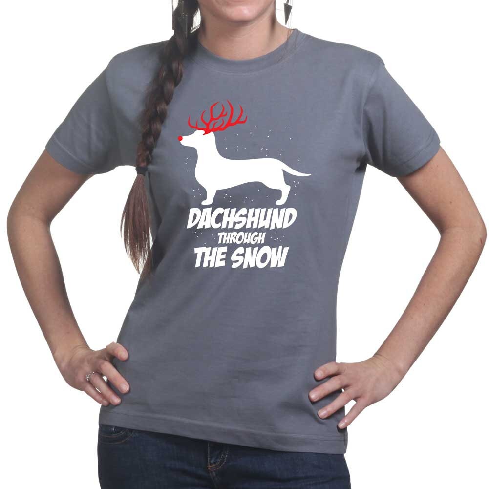 Ladies Dancing Dachshund Through The Snow Dog Funny Christmas Joke T shirt Tee Top T-shirt