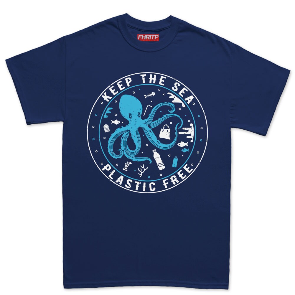 Mens Keep the Sea Plastic Free Octopus Protest T shirt Tee Top T-shirt