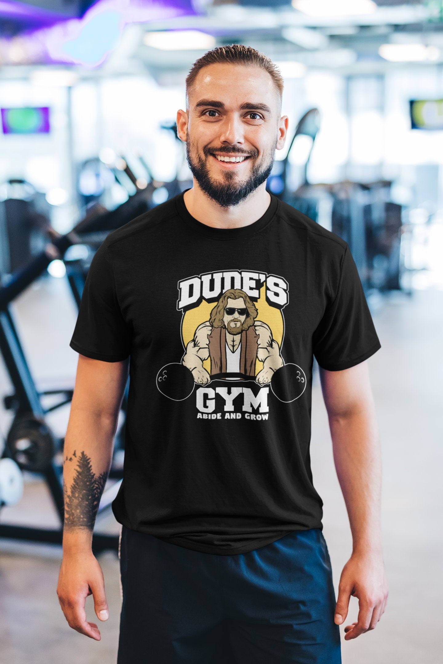 The Dude's Gym Abide & Grow Fitness Funny T Shirts for Men - Comfortable Novelty Gifts - Crazy Gym Tees - Workout Apparel