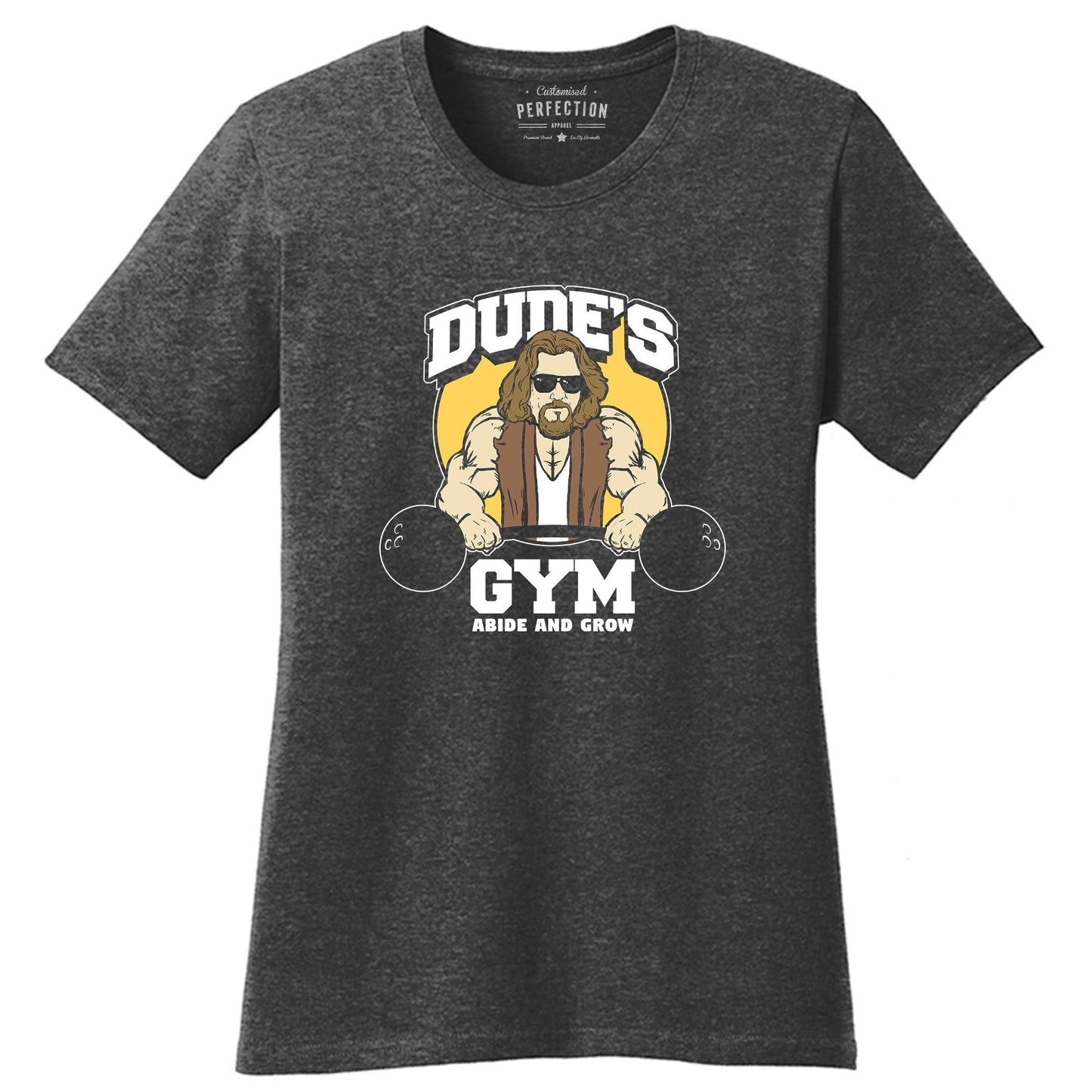 The Dude's Gym Abide & Grow Fitness Funny T Shirts for Women - Comfortable Novelty Gifts - Crazy Gym Tees - Workout Apparel