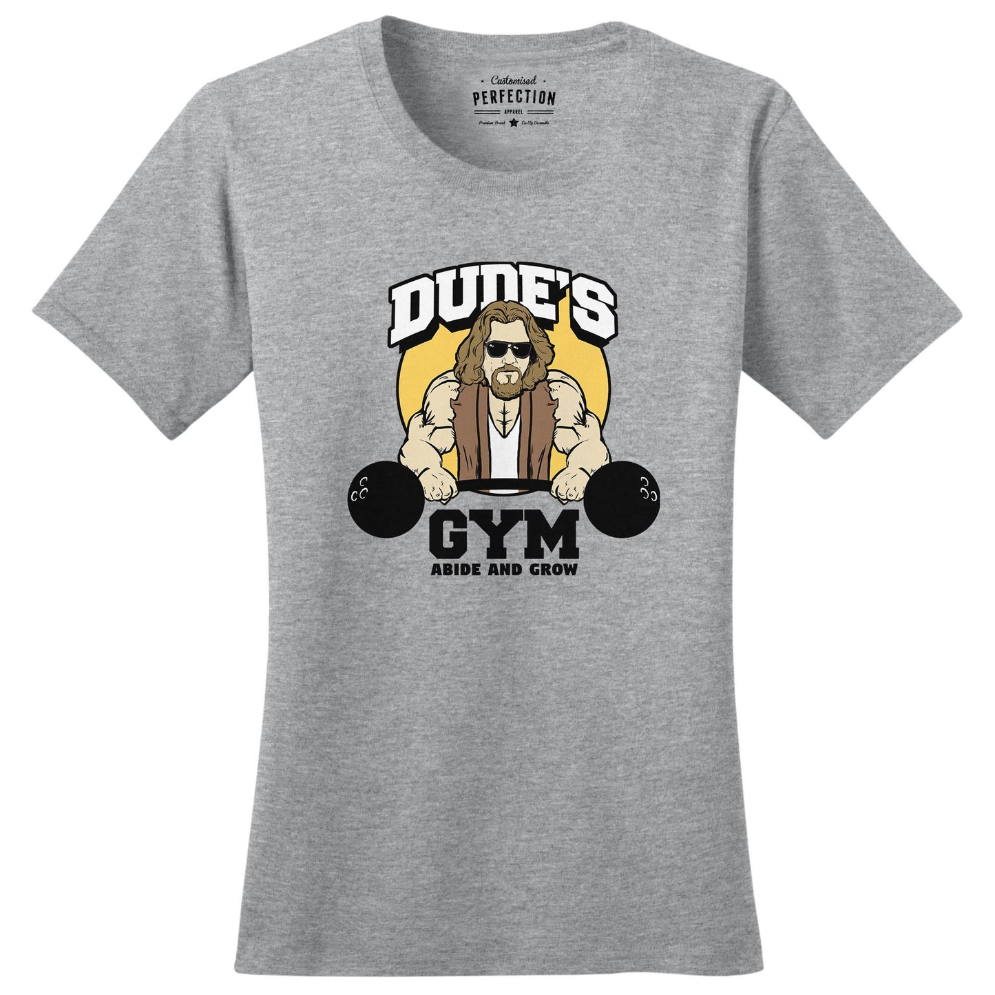 The Dude's Gym Abide & Grow Fitness Funny T Shirts for Women - Comfortable Novelty Gifts - Crazy Gym Tees - Workout Apparel