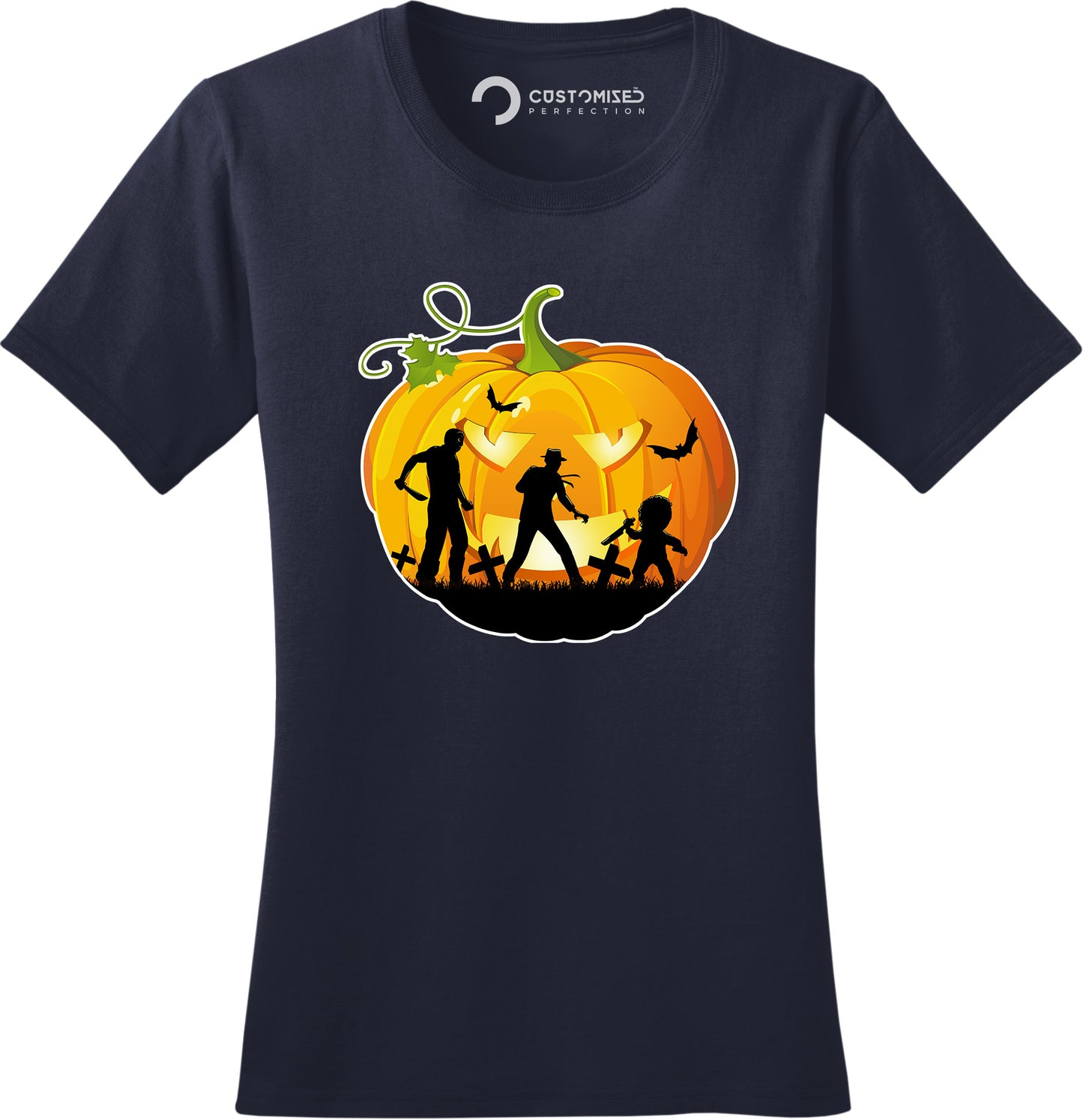 Pumpkin Horror Icons Halloween Shirts for Women - Michael Myers, Freddy Krueger, Chucky - Scary Movie Tee - Movie Merchandise