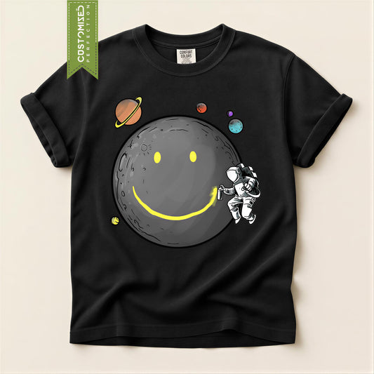 Comfort Colors® Smiley Moon T-Shirt, Astronaut Spraying Graffiti Tee, Retro Moonwalk Top