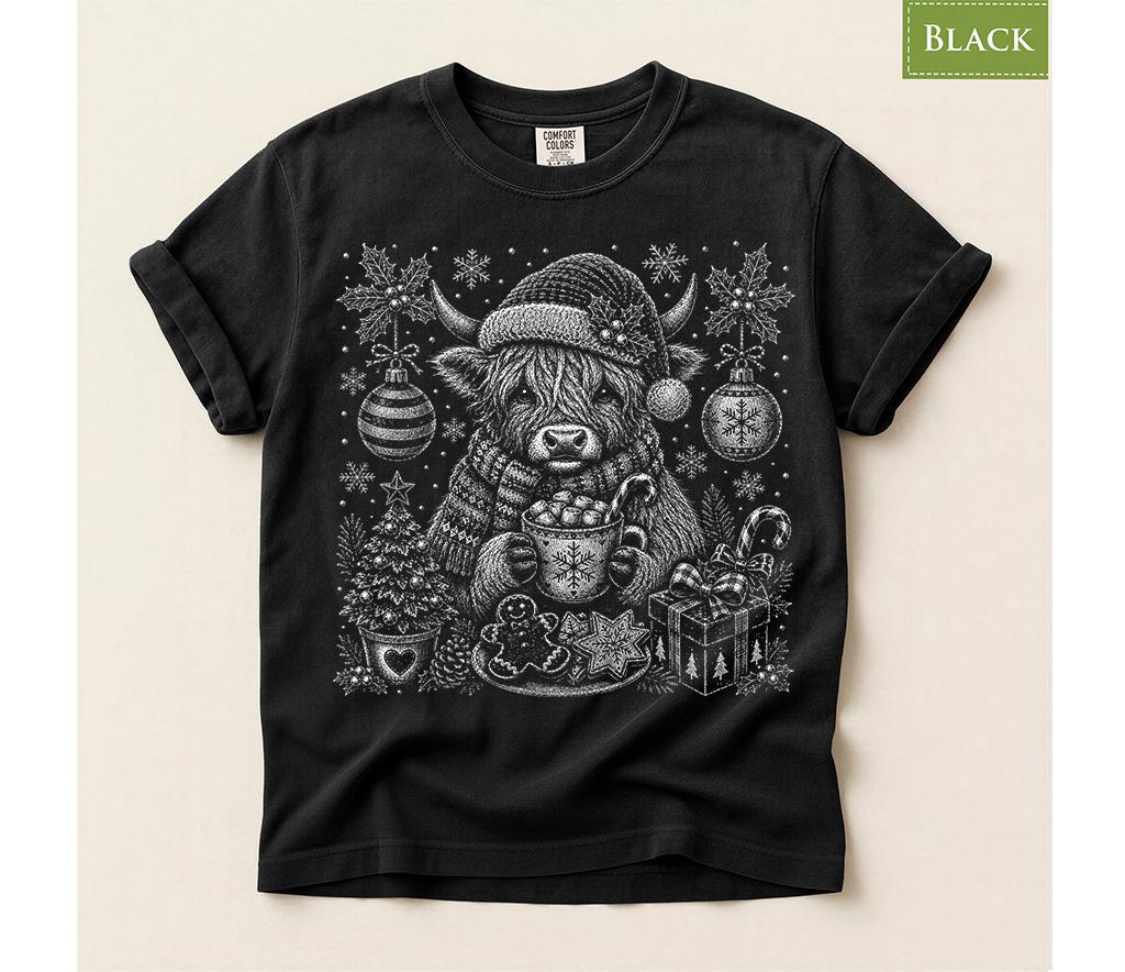 Comfort Colors® Highland Cow Christmas Shirt, Festive Holiday Tee, Cozy Winter Gift, Christmas Cow Graphic