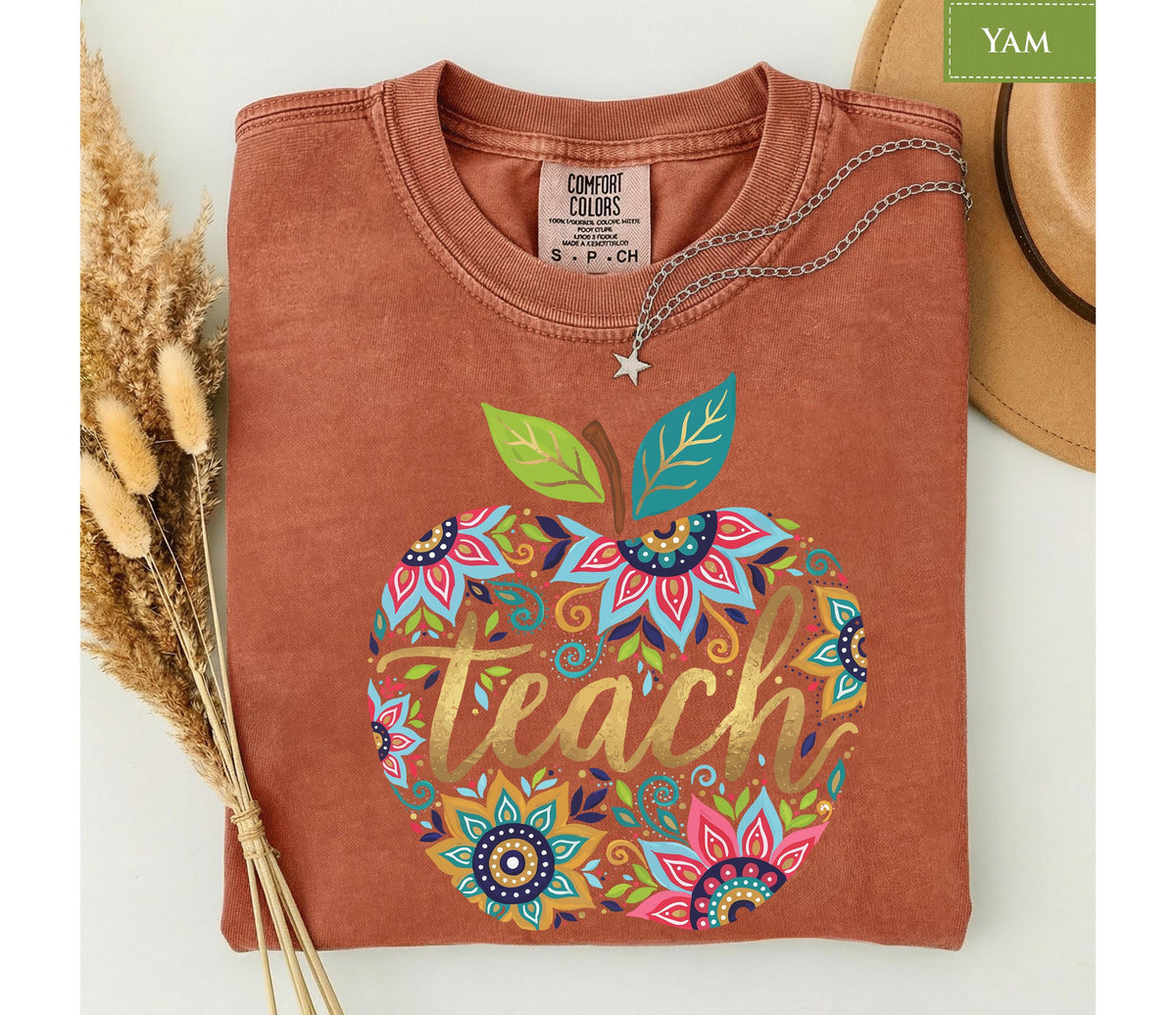 Comfort Colors® Floral Apple Teach Shirt, Back to School Top, Cute Boho Educator Tee