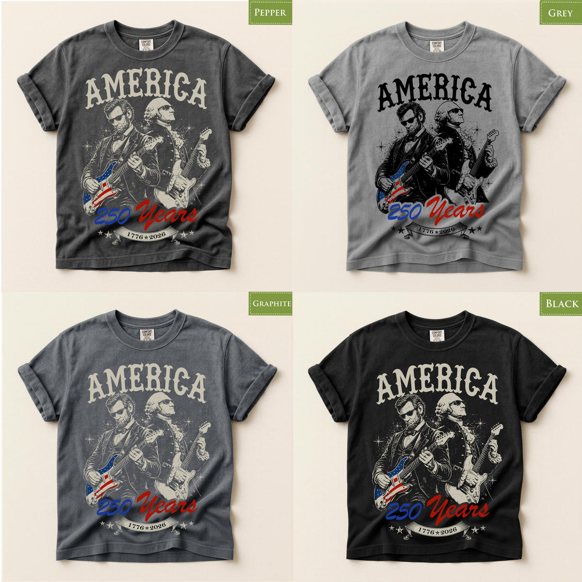 Comfort Colors® Abraham Lincoln and George Washing Playing Guitar T-shirt, July 4th 250th Anniversary Tee, America 250 Celebration Tshirt