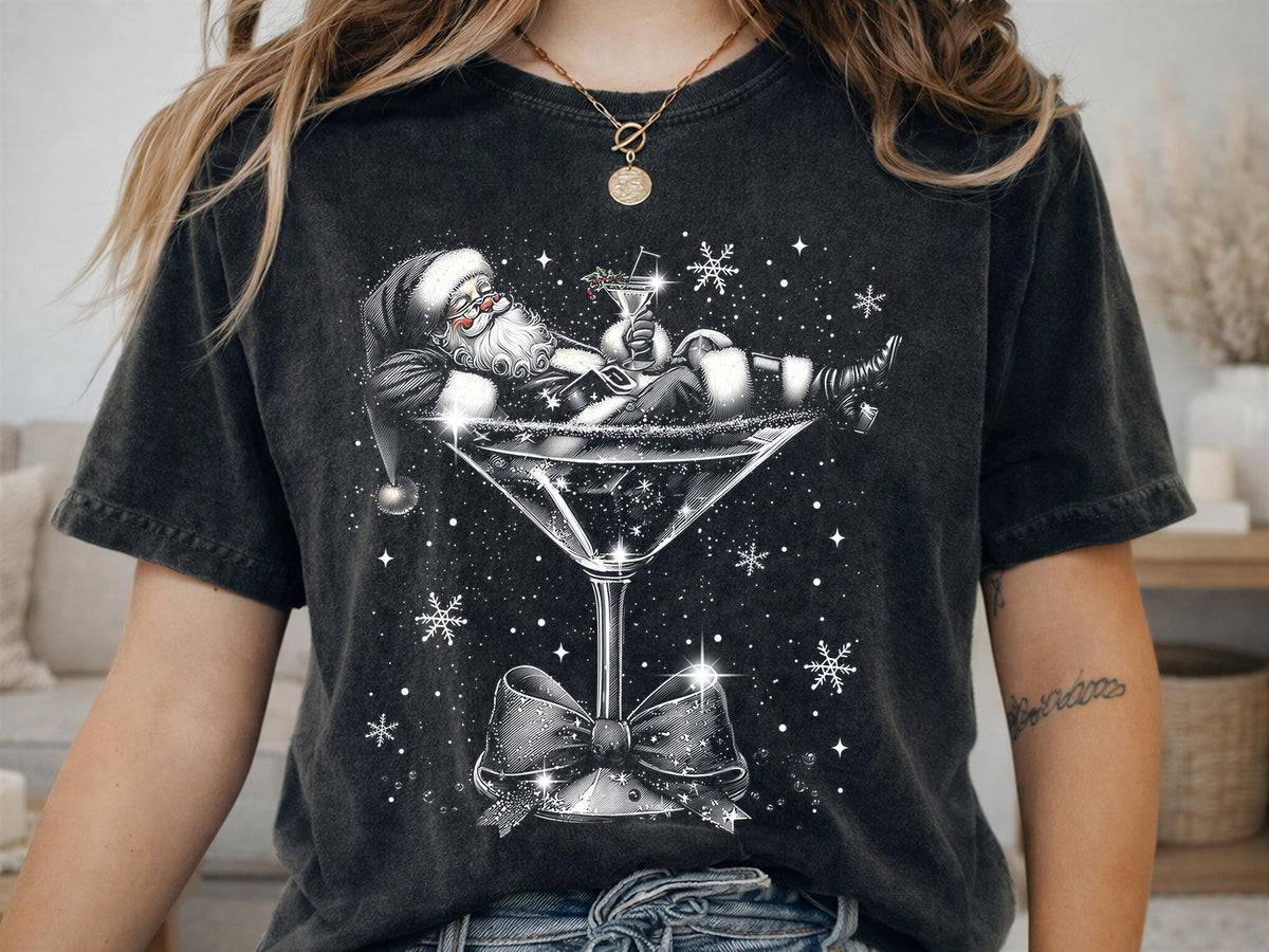 Comfort Colors® Santa Martini Christmas Shirt, Tipsy Santa Holiday Tee, Funny Cocktail Christmas Gift, Festive Winter Graphic