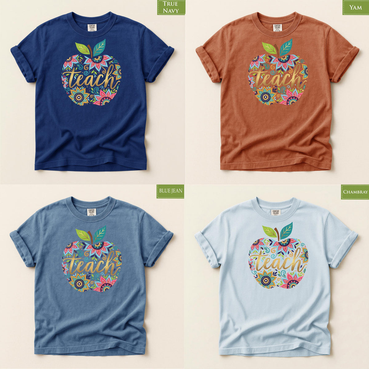 Comfort Colors® Floral Apple Teach Shirt, Back to School Top, Cute Boho Educator Tee