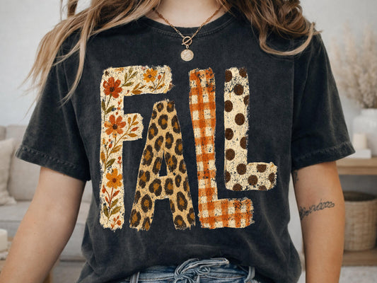 Comfort Colors® Fall Patch Halloween Style Graphic Tee, Autumn Floral Leopard Print Shirt