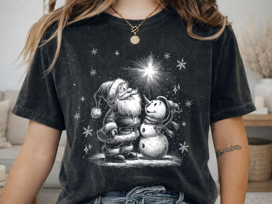 Comfort Colors® Santa and Snowman Christmas Shirt, Vintage Winter Scene Tee, Festive Holiday Gift, Cozy Christmas Graphic