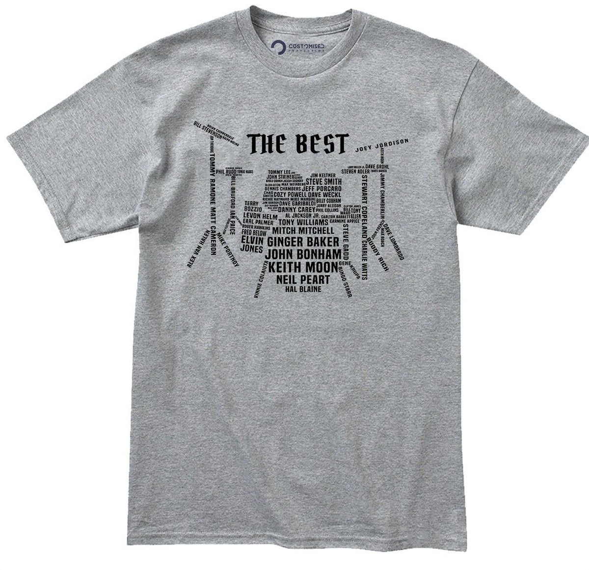 Drummer T-Shirt: Iconic Drum Set Design with Legendary Names, Percussion Gift