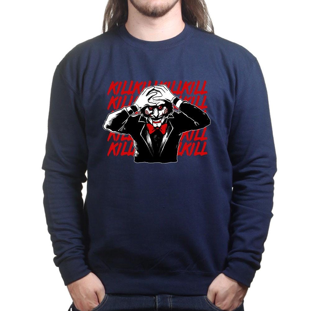 Killer Puppet Portrait Shirt, Horror Puppet Pop Art T-Shirt, Creepy Doll Face Hoodie, Repeated Text Horror Sweatshirt, Halloween Tee Gift