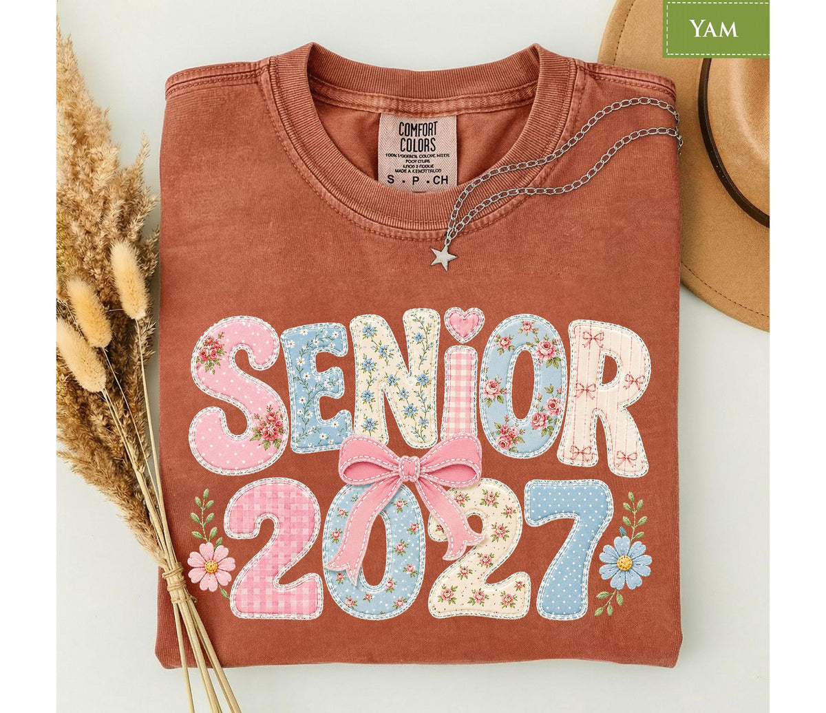 Comfort Colors® Senior 2027 Shirt, Coquette Patchwork Graduation Tee, Class of 2027 Bow Gift