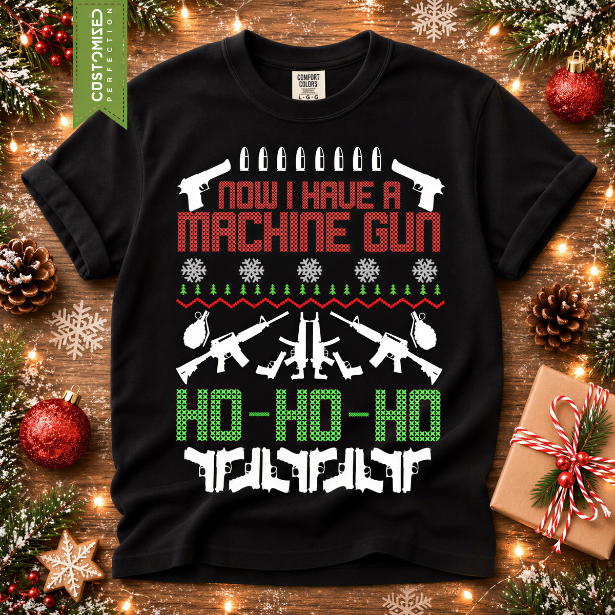 Comfort Colors® Machine Gun Christmas Shirt, Funny Gun Holiday Tee, Christmas Sweater Graphic, Hunting Gift