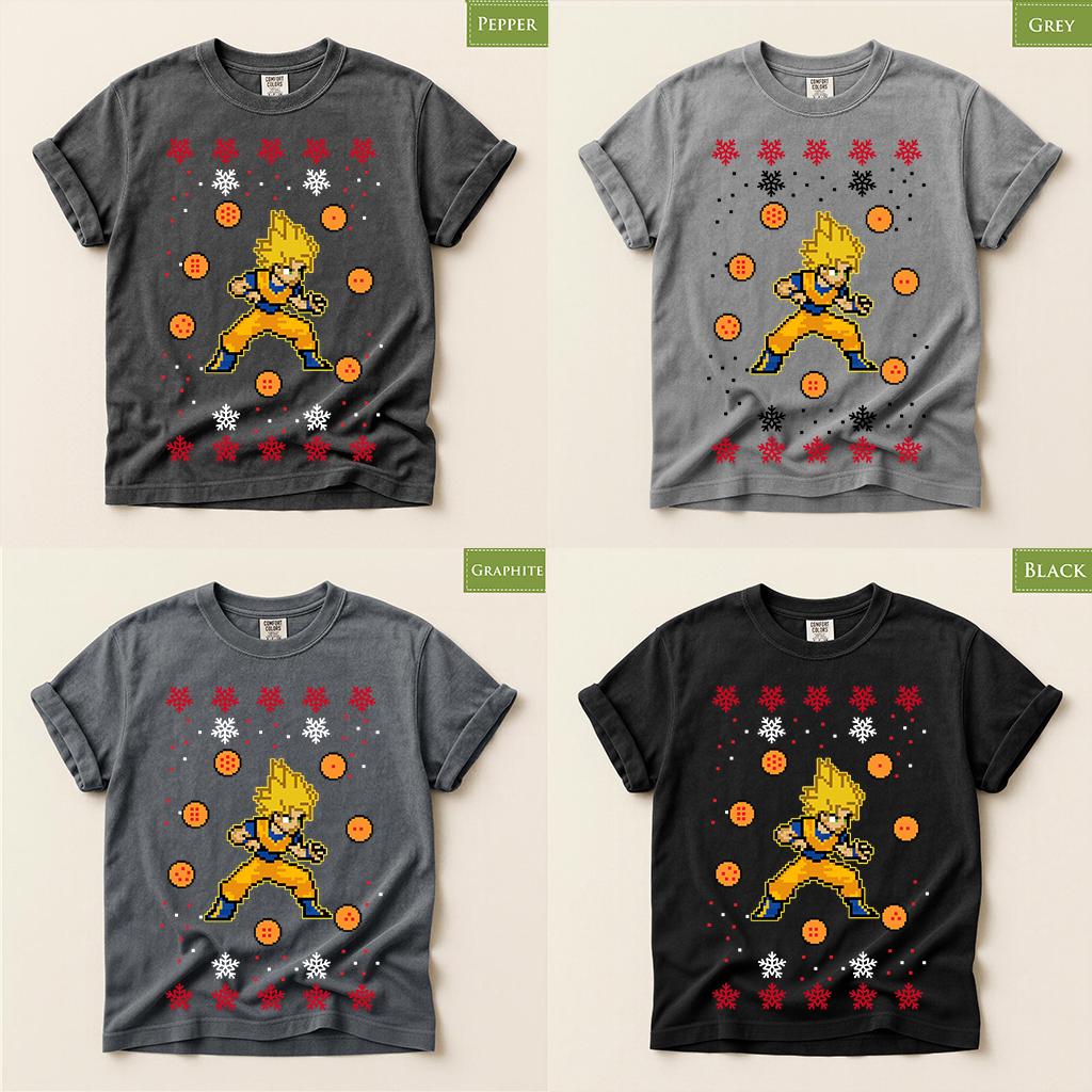 Comfort Colors® Super Saiyan Christmas Shirt, Anime Holiday Tee, Pixel Art Christmas Graphic, Dragon Ball Inspired Gift