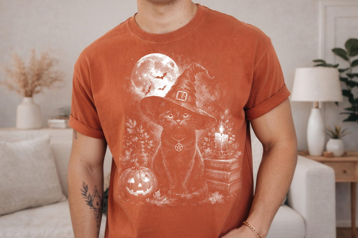 Comfort Colors® Black Cat Witch Graphic Tee, Halloween Pumpkin Moon Shirt, Spooky Magic Apparel Gift
