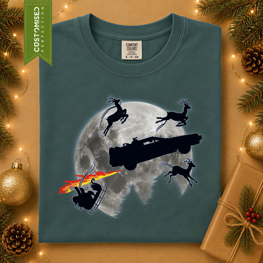 Comfort Colors® Santa Moon Christmas Shirt, Flying Reindeer Holiday Tee, Vintage Winter Graphic, Festive Gift