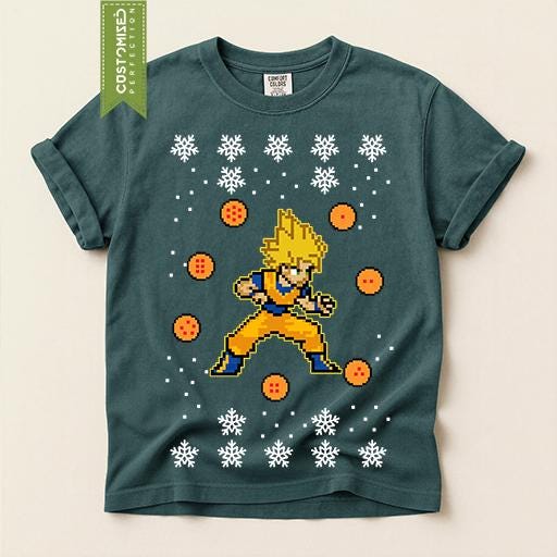 Comfort Colors® Super Saiyan Christmas Shirt, Anime Holiday Tee, Pixel Art Christmas Graphic, Dragon Ball Inspired Gift