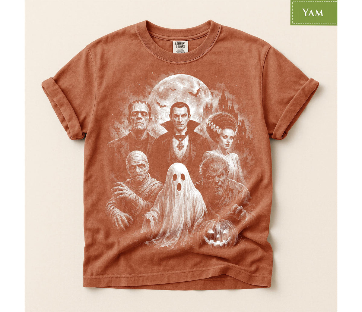 Comfort Colors® Frankenstein Bride Dracula Werewolf Mummy  Graphic Tee, Halloween Classic Monsters Pumpkin Gift