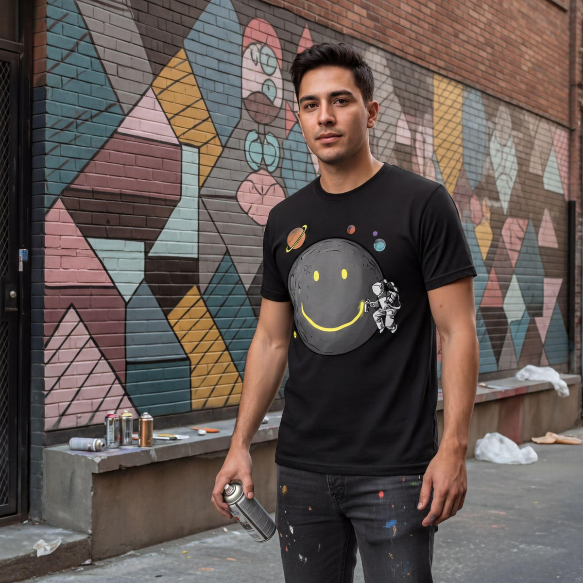 Comfort Colors® Smiley Moon T-Shirt, Astronaut Spraying Graffiti Tee, Retro Moonwalk Top