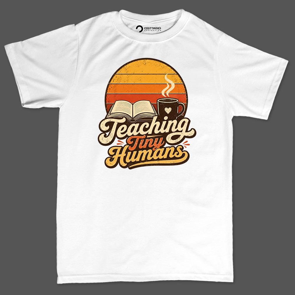 Teaching Tiny Humans Shirt | Vintage Retro Teacher Tee | Coffee Book Lover Top