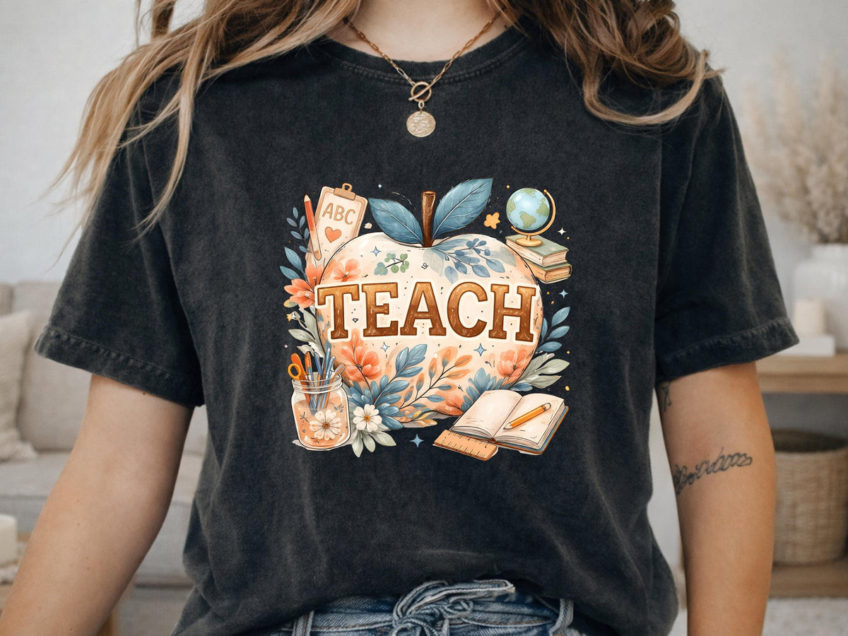 Comfort Colors® Boho Teach Apple Teacher Shirt, Floral Classroom Educator Back to School Graphic Tee