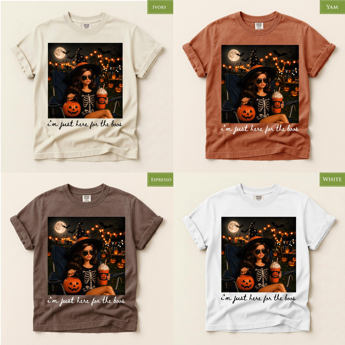 Comfort Colors® Pumpkin Spice Latte Doll Shirt, Halloween I'm Just Here for the Boos Graphic Tee, Spooky Season Fall Top