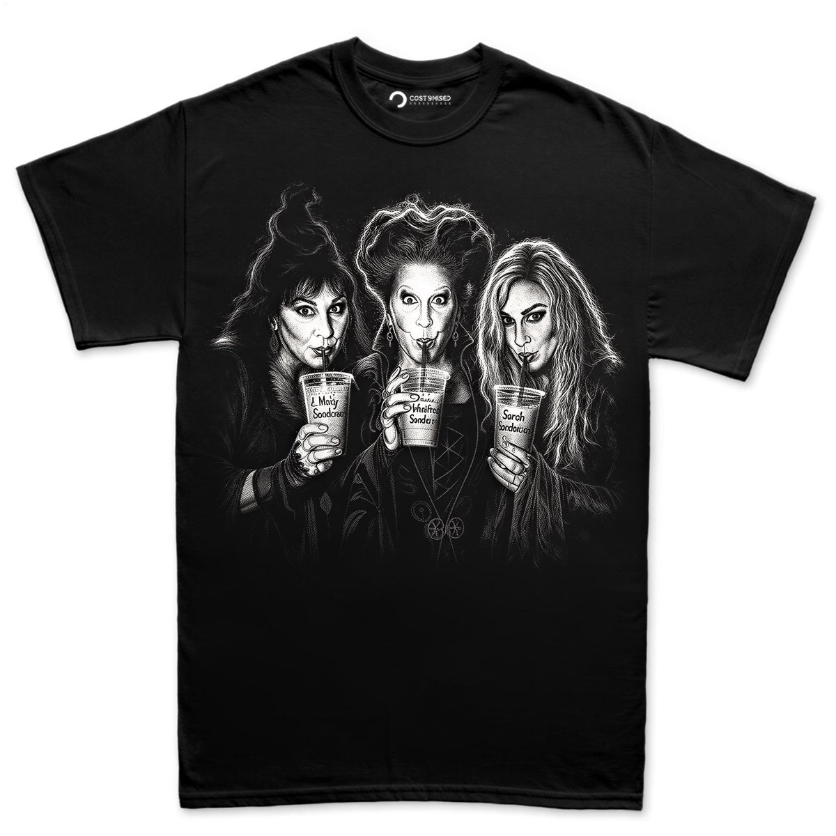Three Witches Iced Drinks Shirt, Chalk Art Witch Trio T-Shirt, Dramatic Halloween Portrait Hoodie, Black White Witch Sweatshirt