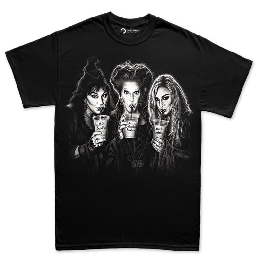 Three Witches Iced Drinks Shirt, Chalk Art Witch Trio T-Shirt, Dramatic Halloween Portrait Hoodie, Black White Witch Sweatshirt