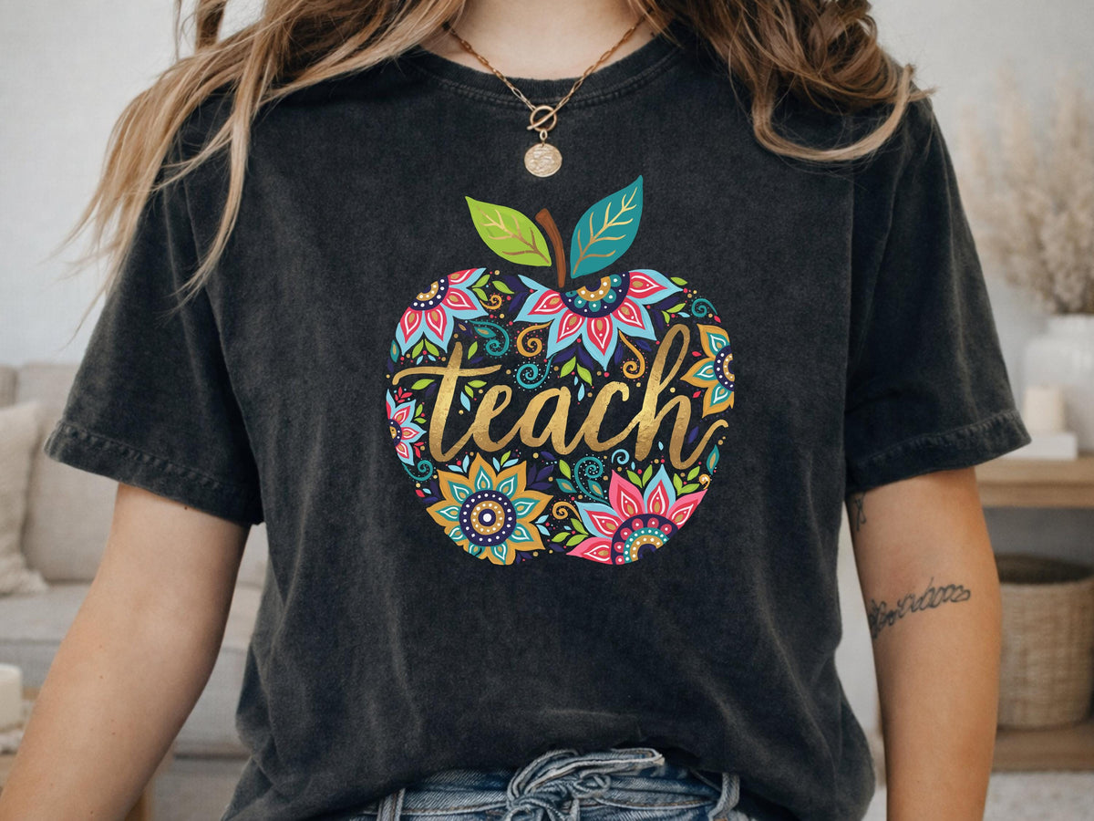 Comfort Colors® Floral Apple Teach Shirt, Back to School Top, Cute Boho Educator Tee