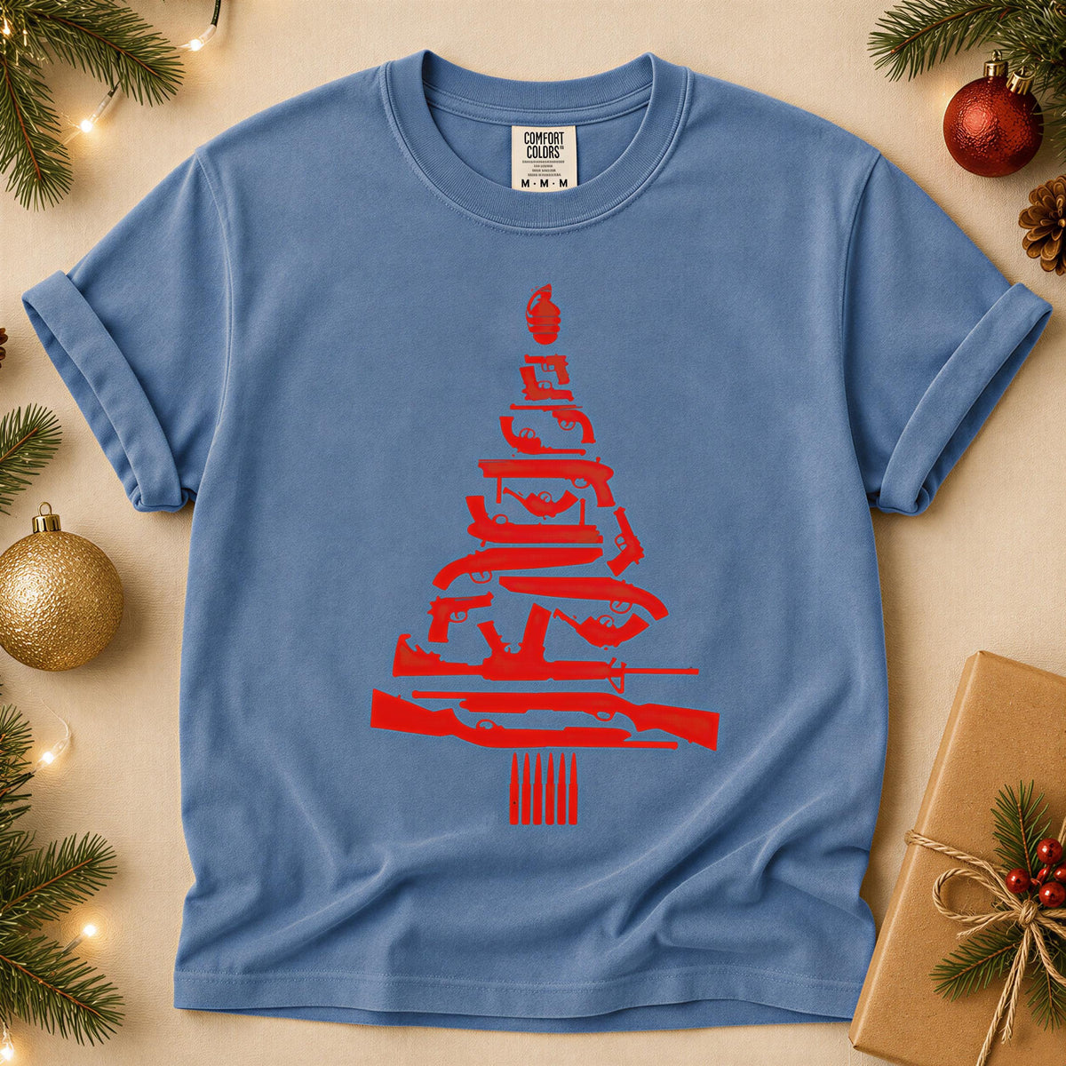 Comfort Colors® Christmas Tree Gun Shirt, Firearm Holiday Tee, Funny Hunting Christmas Graphic, Festive Gift