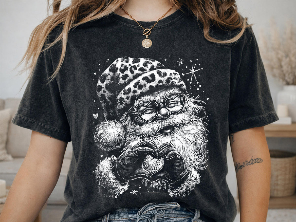 Comfort Colors® Leopard Santa Christmas Shirt, Funny Holiday Tee, Heart Glasses Santa, Cute Christmas Gift