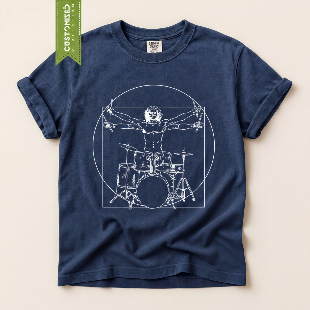 Vitruvian Drummer T-Shirt: Da Vinci Inspired Drum Graphic Tee for Percussionists
