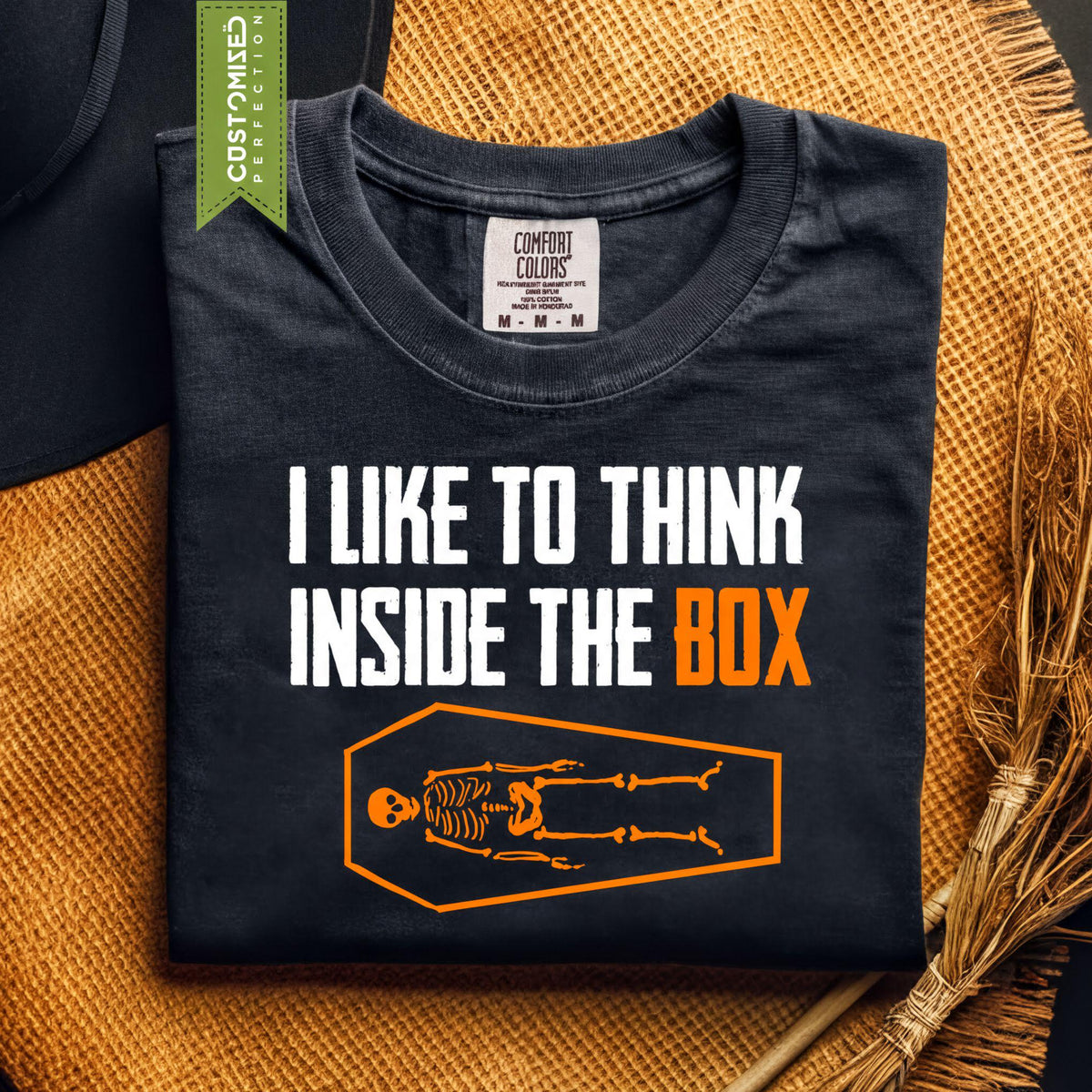 Comfort Colors® Think Inside Box Skeleton Coffin Halloween Graphic Tee, Funny Spooky Costume T-Shirt Gift