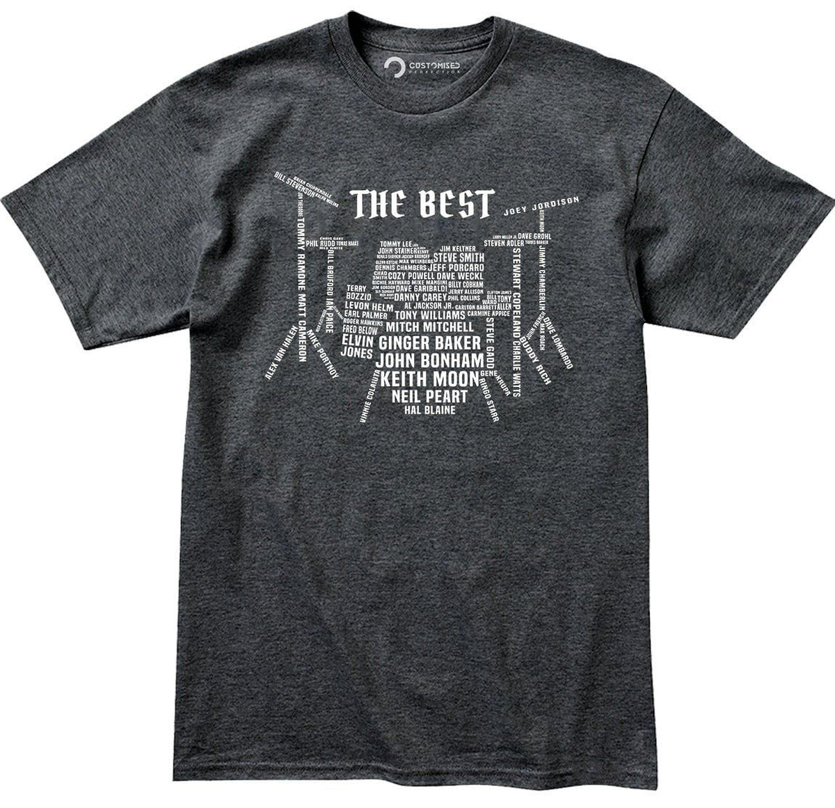Drummer T-Shirt: Iconic Drum Set Design with Legendary Names, Percussion Gift