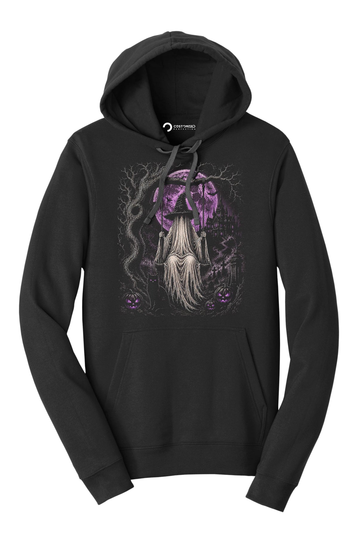 Purple Moon Witch Swing Shirt, Gothic Halloween Cat Pumpkin T-Shirt, Haunted Castle Witch Hoodie, Purple Halloween Sweatshirt