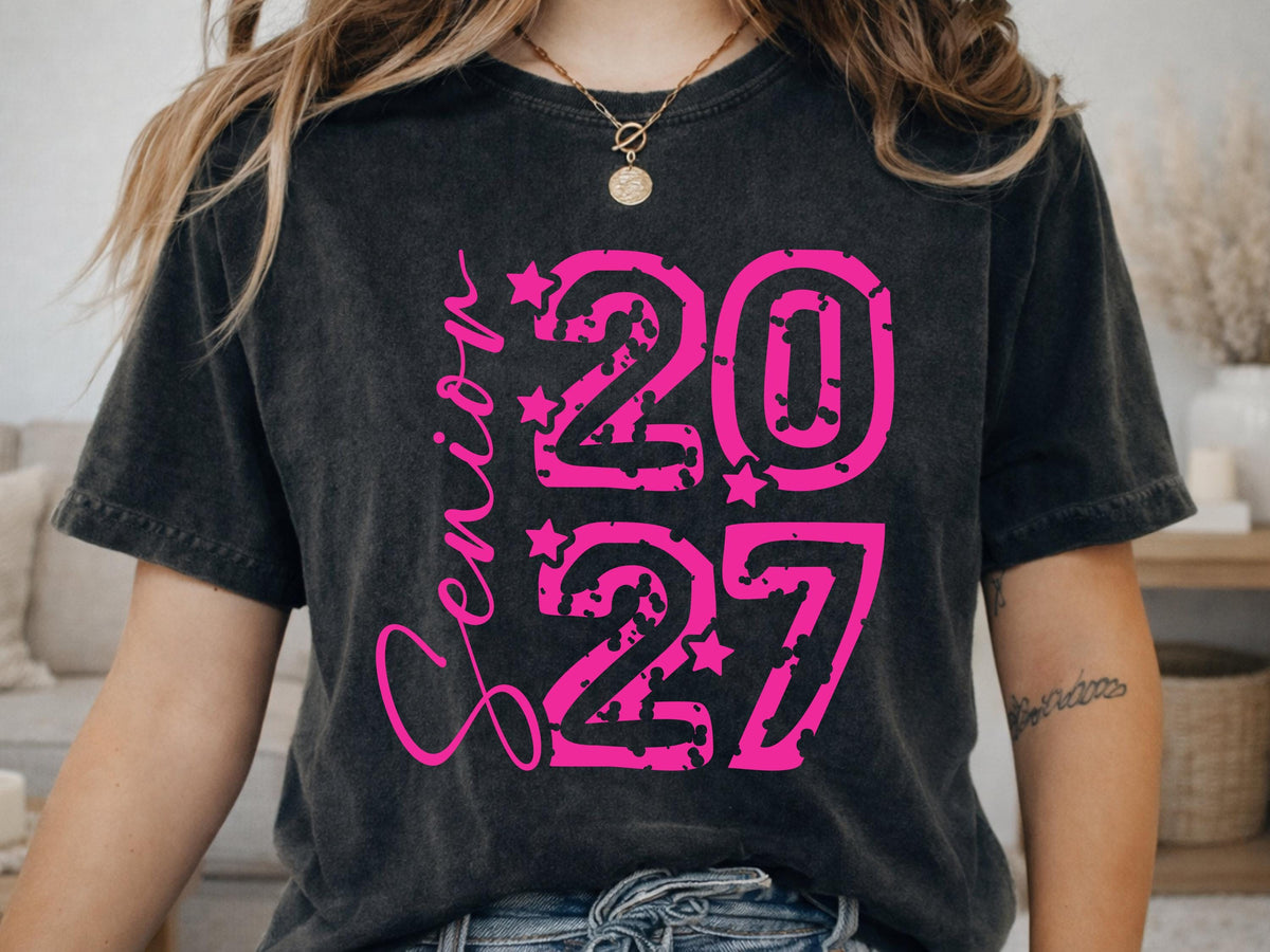 Pink Senior 2027 Shirt, Class of 2027 Girly T-Shirt, Hot Pink Distressed Grad Hoodie, Star Senior Sweatshirt