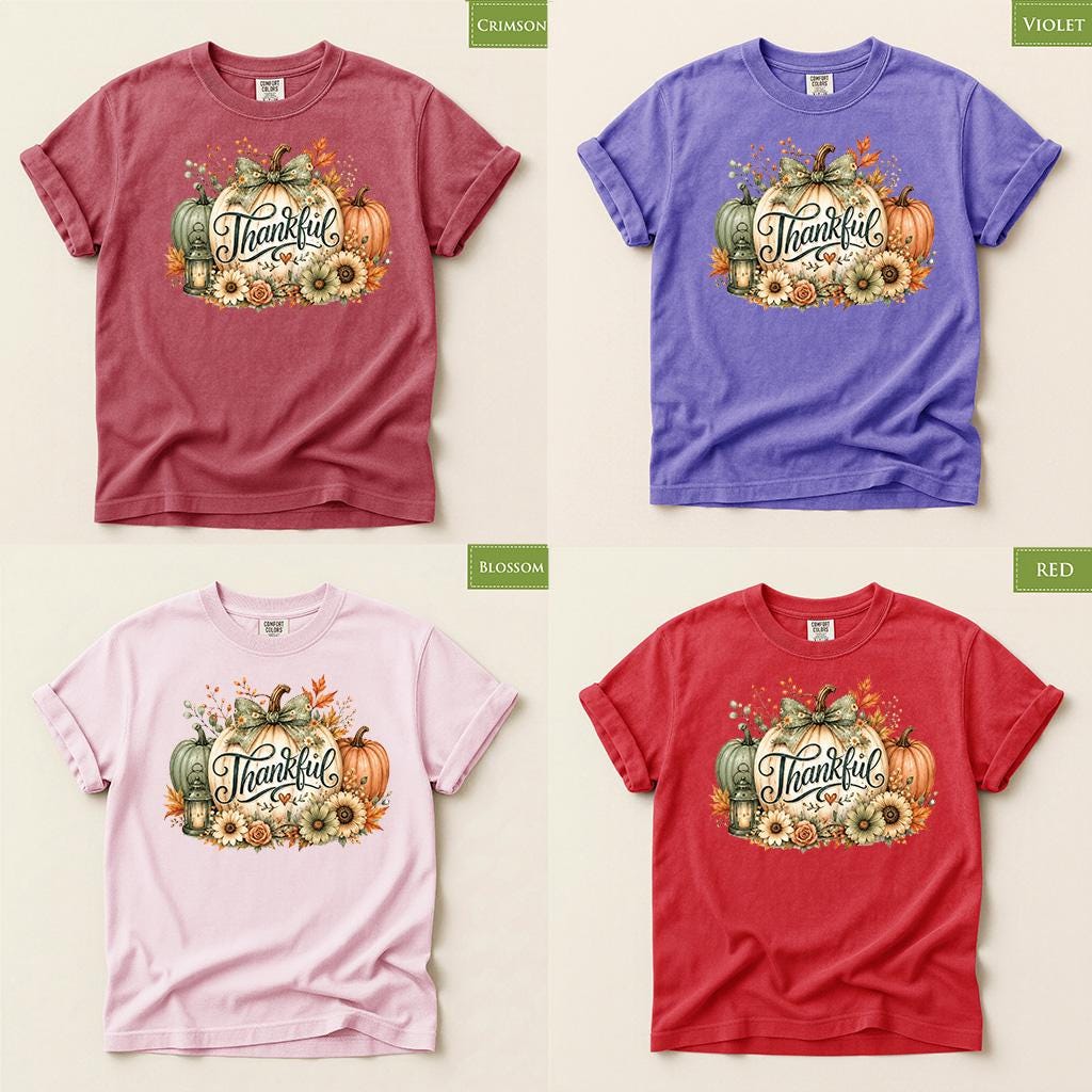 Comfort Colors® Thankful Pumpkin Shirt, Thanksgiving Fall Tee, Rustic Floral Harvest Graphic