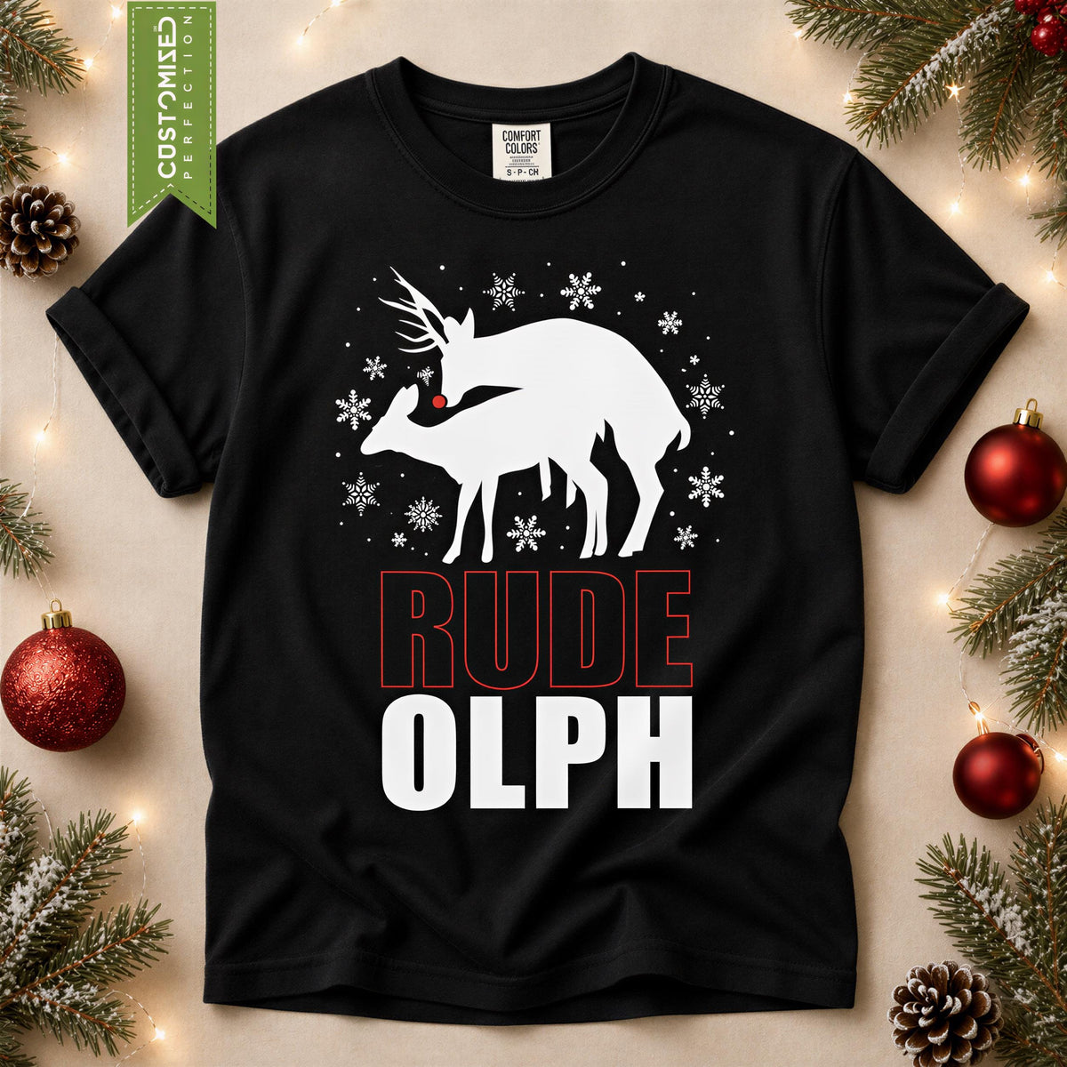 Comfort Colors® Rude Olph Christmas Shirt, Funny Reindeer Holiday Tee, Red Nose Christmas Graphic, Festive Gift