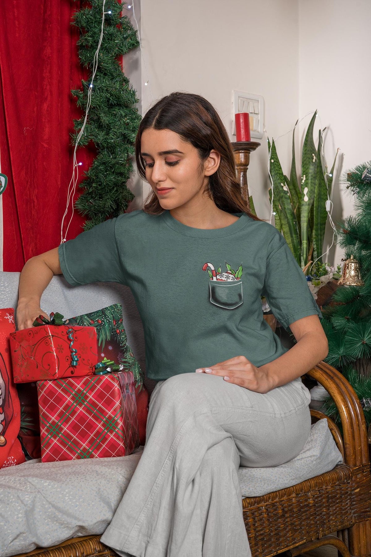 Comfort Colors® Christmas Pocket Shirt, Candy Cane Holiday Tee, Cute Festive Graphic, Christmas Gift