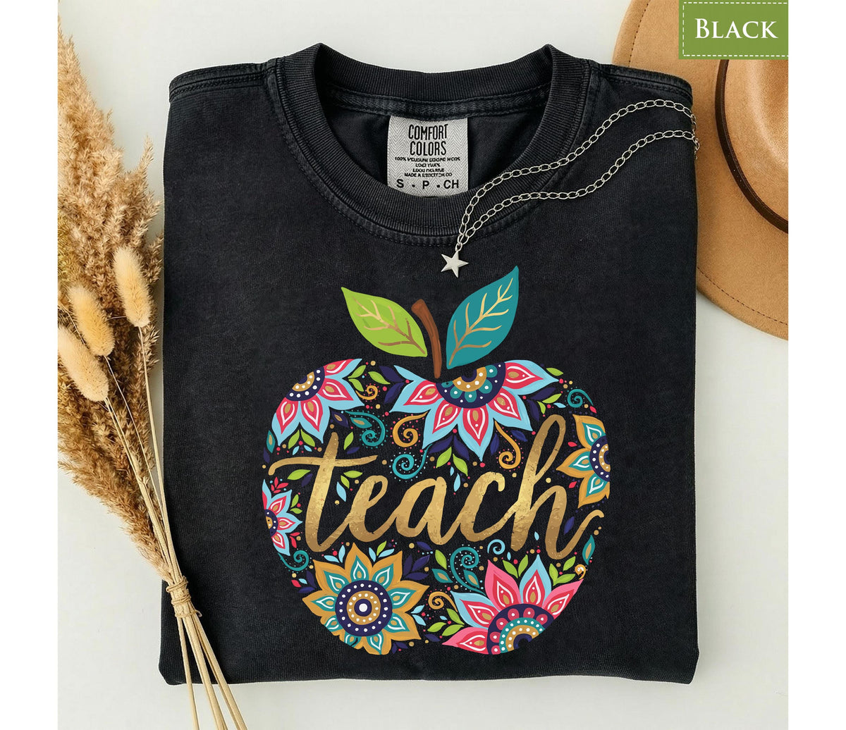 Comfort Colors® Floral Apple Teach Shirt, Back to School Top, Cute Boho Educator Tee