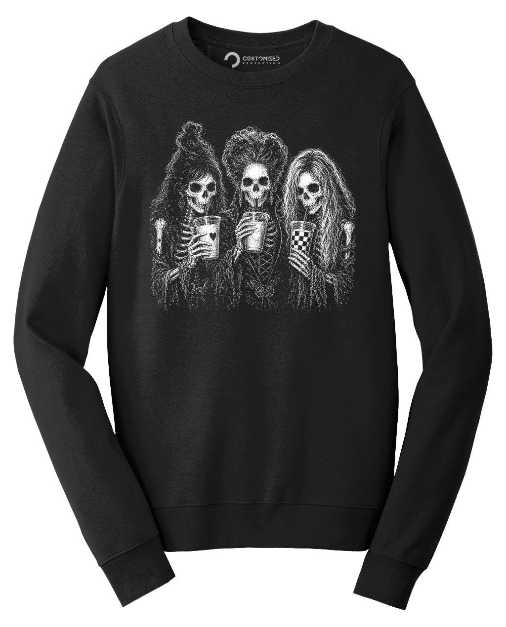 Skeleton Besties Iced Coffee Shirt, Halloween Skull Trio T-Shirt, Spooky Season Girls Hoodie, Skeleton Coffee Run Sweatshirt