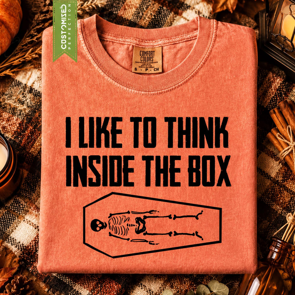 Comfort Colors® Think Inside Box Skeleton Coffin Halloween Graphic Tee, Funny Spooky Costume T-Shirt Gift